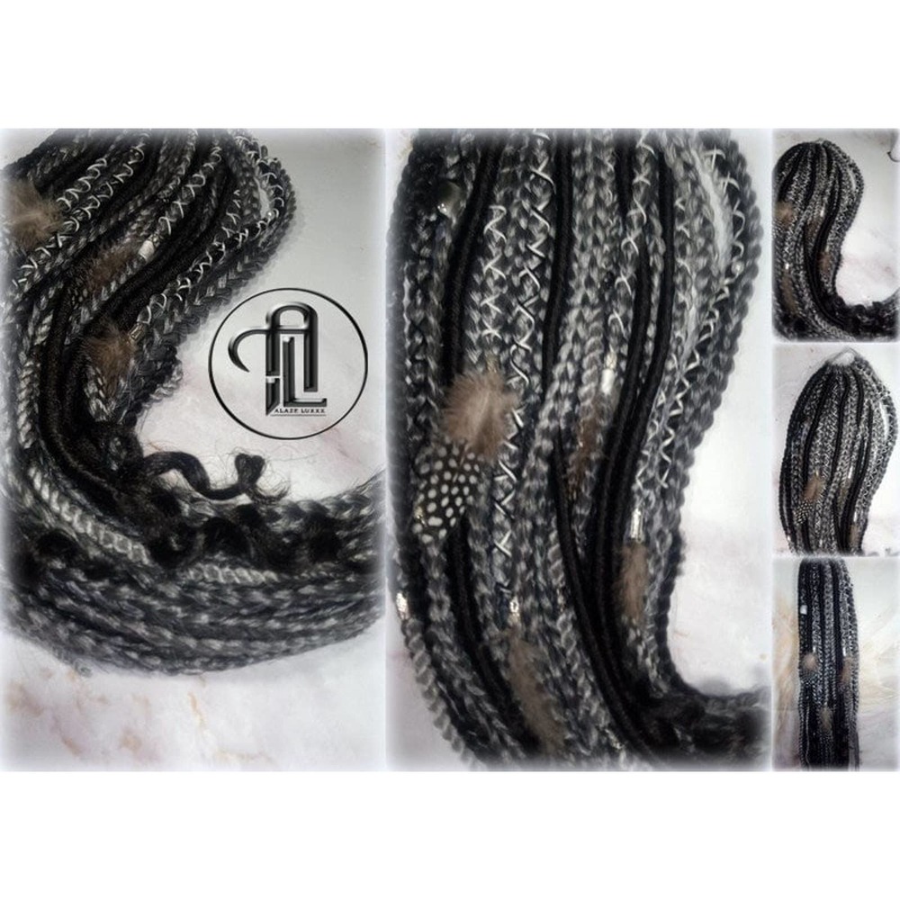 Ponytail Extensions Black Silver Grey Accents Feathers box braids hair scrunchie